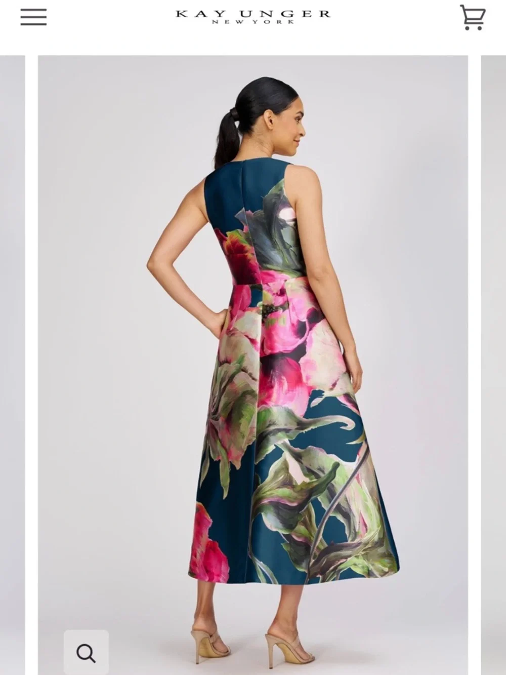 Kay Unger Teal Midi Dress with Pink & Green Floral Print - Picture 3 of 3